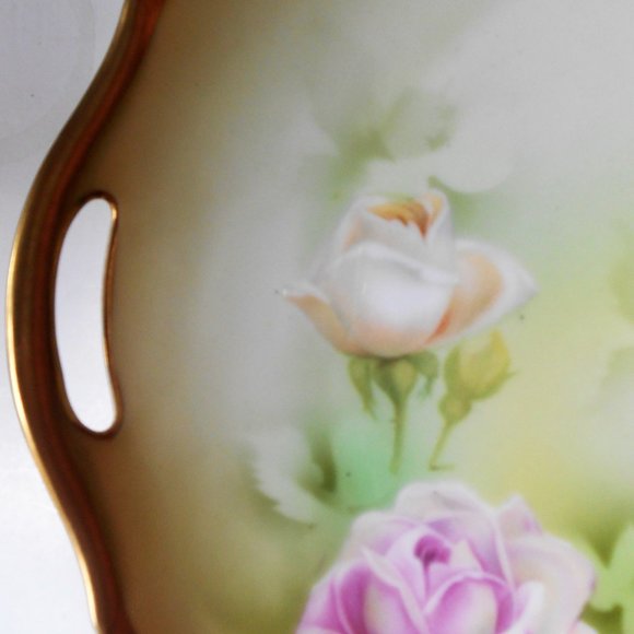 RS Germany 10 1/2" Cake Plate 2 Handled Hand Painted White, Pink & Yellow Roses - Picture 2 of 7
